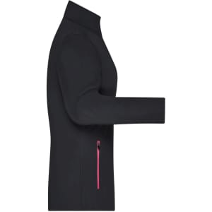 A ladies' sports softshell jacket in black with a pink zip pocket, featuring a sleek, fitted silhouette and a high collar.