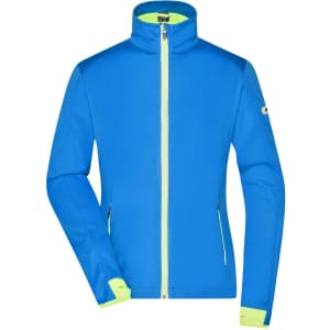 A bright blue ladies softshell jacket with a high collar and neon green accents. It has a logo on one sleeve.