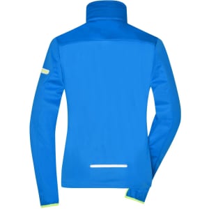 A blue ladies softshell jacket with a high collar and reflective details on the sleeves and back.