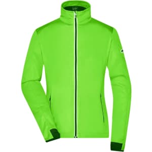 A bright green ladies softshell jacket with a zip front and a high collar. Features include a logo and fitted cuffs.