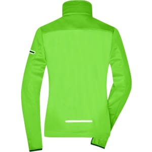 A bright green ladies sports softshell jacket with a high collar and reflective details on the back.