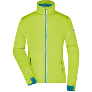A bright lime green softshell jacket with blue accents and a high collar, featuring a logo on the sleeve.