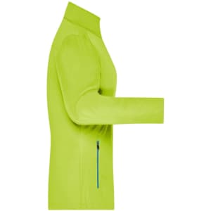 A softshell jacket in a vibrant lime green colour featuring a side zip pocket and a high collar, with a logo present.