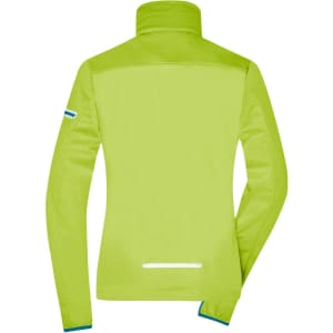 A vibrant lime green ladies softshell jacket featuring a high collar and reflective detailing. It has a logo on the sleeve.
