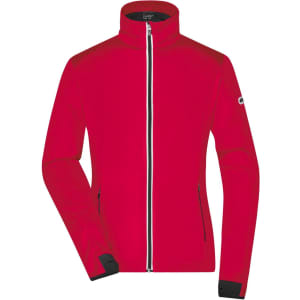 A red ladies' softshell jacket with a full zip and a logo on the sleeve.