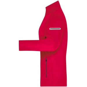 A red ladies sports softshell jacket shown from the side, featuring a zip pocket on the sleeve and front.