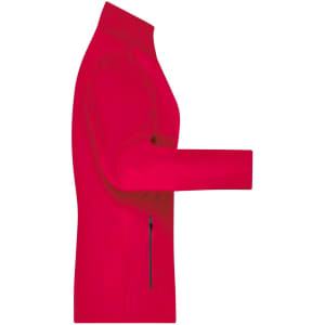 A red ladies' softshell jacket with a stand-up collar and a side zip pocket, featuring a logo.
