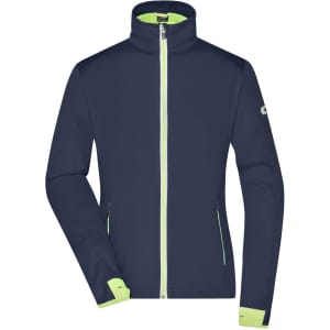 A navy softshell jacket with lime green accents and a logo on the sleeve.