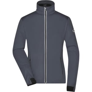 A grey ladies' softshell jacket with a zip front and a logo on the sleeve.