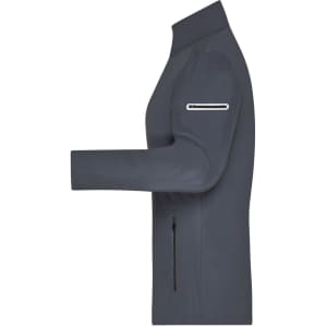 A grey ladies' softshell jacket displayed from the side, showcasing a zip pocket on the sleeve.