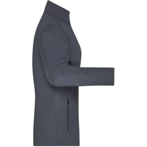 A grey softshell jacket for ladies, featuring a zip on the side and a high collar. It has a logo on the sleeve.