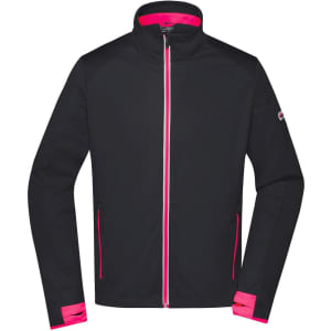 A men's softshell jacket in black with pink accents and a zip front, featuring side pockets and a logo.