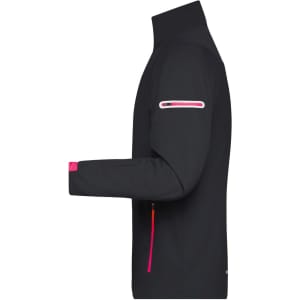 A men's sports softshell jacket in black with pink accents, featuring zippered pockets and a high collar.