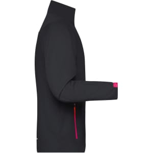 A black men's sports softshell jacket with a pink zip detail, featuring a high collar and long sleeves.