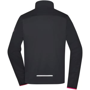A men's black softshell jacket with a high collar and a contrasting pink detail at the cuffs. It features a logo.