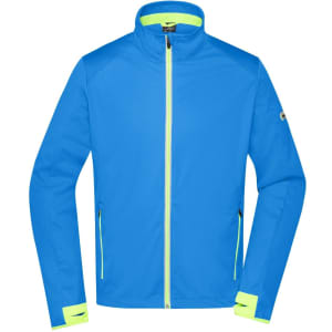 A men's sports softshell jacket in bright blue with neon yellow accents and zippers, featuring a logo on the sleeve.