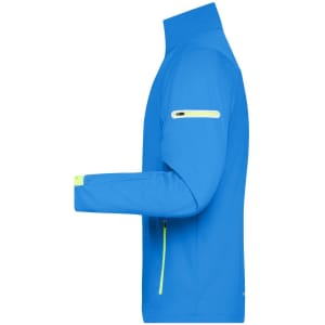 A men's softshell jacket in blue with bright yellow accents and a zippered pocket on the sleeve.