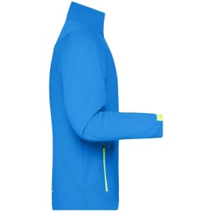 A bright blue men's softshell jacket with a zippered pocket and a high collar. Features a logo on the arm.