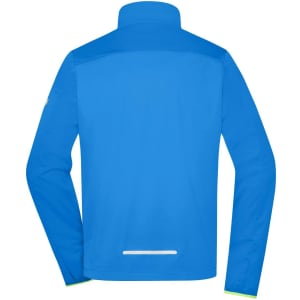 A blue men's softshell jacket with a high collar, featuring long sleeves and a logo on the arm.
