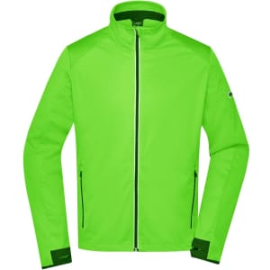 A vibrant green softshell jacket with a zip front, featuring a logo and zippered pockets.