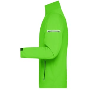 A bright green men's softshell jacket featuring a zippered pocket and a high collar.
