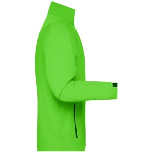 A bright green men's softshell jacket featuring long sleeves, a high collar, and side zip pockets.