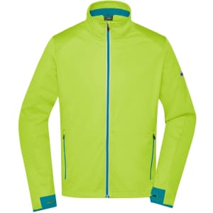 A bright lime green men's softshell jacket with contrasting blue zippers and logo. Features zippered pockets and a high collar.
