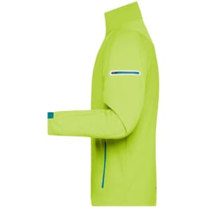 A men's softshell jacket in bright lime green with a zip pocket on the arm and contrasting blue detailing.