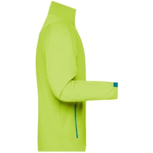 A lime green men's softshell jacket with a high collar and zippered pockets, featuring a logo on the sleeve.