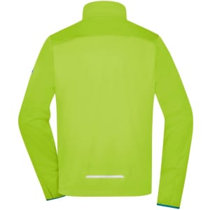A bright green men's sports softshell jacket with a high collar and long sleeves, featuring a reflective strip on the back.