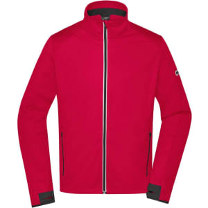 A red men's sports softshell jacket with a zip front, high collar, and side pockets. It features a logo.