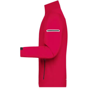 A red men's sports softshell jacket with a high collar and zippered pockets. It features a logo on the sleeve.