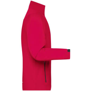 A red men's sports softshell jacket with a high collar and zippered side pockets. It features a sleek, fitted design.