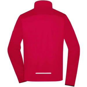 A red men's sports softshell jacket with a high collar and long sleeves, featuring a branding logo.