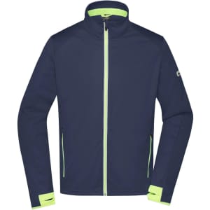 A navy blue men's sports softshell jacket with bright green zippers and accents. It features a logo on the sleeve.