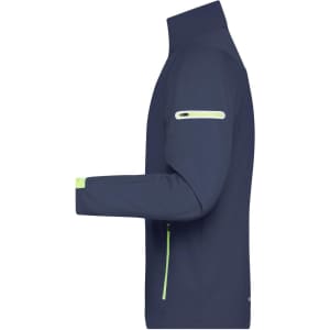 A navy mens sports softshell jacket with a zip pocket and neon green accents on the cuffs and chest.