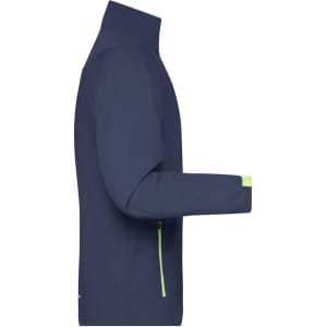 A navy blue men's softshell jacket with a high collar and green zipper detail. It features a logo on the sleeve.