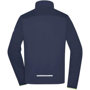 A navy men's softshell jacket with a high collar and reflective detailing on the back. It features long sleeves and a logo.