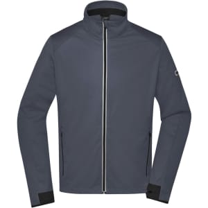 A men's sports softshell jacket in dark grey with a zip front and side pockets. Features a logo on the sleeve.
