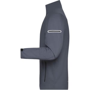 A men's sports softshell jacket in grey, featuring a high collar and zippered pockets, with a logo on the sleeve.