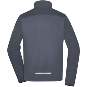 A men's sports softshell jacket in grey with a high collar and a back reflective detail. Features a logo.
