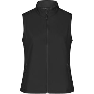 A black ladies' softshell vest featuring a zip-up front and side pockets, with a branding logo on it.