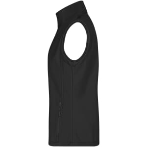 A black ladies' softshell vest with a sleeveless design and a zip pocket on the side.