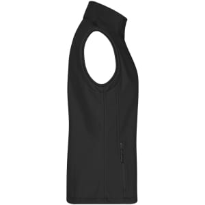 A black ladies softshell vest featuring a sleeveless design and a side zip pocket, with a branding logo.