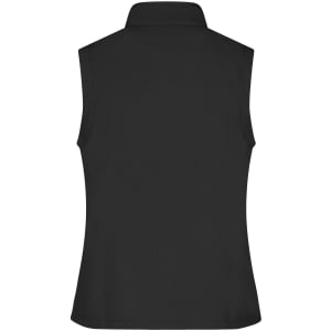 A black ladies softshell vest with a collared neck and no sleeves, featuring a logo.