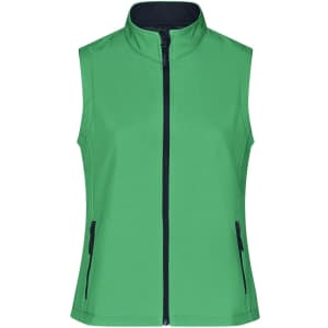 A vibrant green ladies softshell vest with a high collar and zippered pockets, featuring a logo on it.
