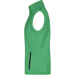 A green softshell vest for women with a high collar and zippered pocket on the side, featuring branding.