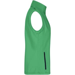 A green softshell vest with no sleeves and a side zip pocket, featuring a simple design and branding.