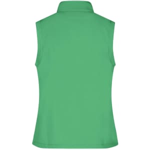 A women's softshell vest in green, featuring a collared neckline and no sleeves. It has a logo on the back.