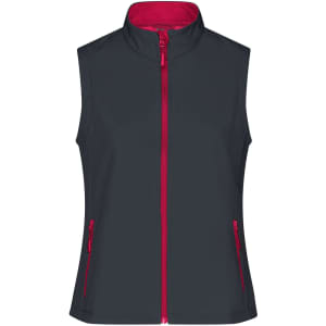 A softshell vest in dark grey with pink accents and a front zip closure, featuring zippered pockets and a collar.